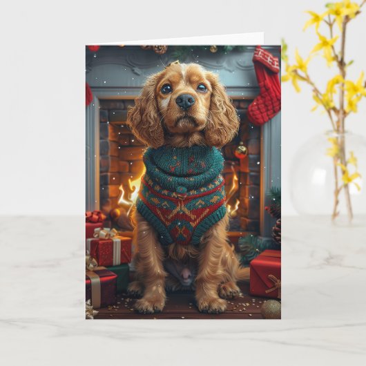 Cocker Spaniel Hond Met Kerstcadeaus Open Haard Kaart (Gele Bloem)