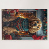 Cocker Spaniel Hond Met Kerstcadeaus Open Haard Legpuzzel (Horizontaal)