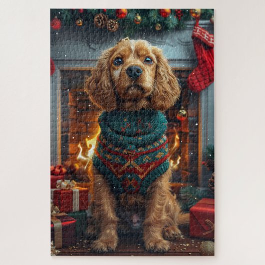 Cocker Spaniel Hond Met Kerstcadeaus Open Haard Legpuzzel (Verticaal)