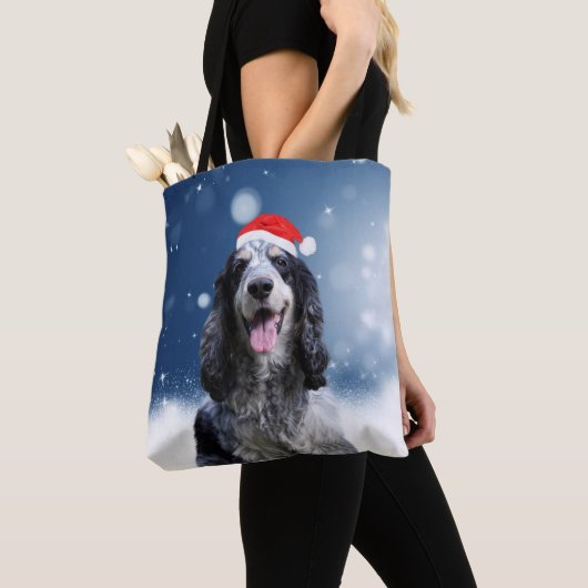 Cocker Spaniel Hond Met Kerstmis Santa Hat Tote Bag (Dichtbij)