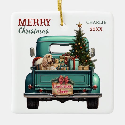 Cocker Spaniel Hond Retro Truck Kerstmis Keramisch Ornament (Voorkant)