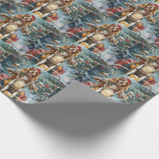 Cocker Spaniel Hond Rijden Motorfiets Kerstmis Cadeaupapier (Hoek)