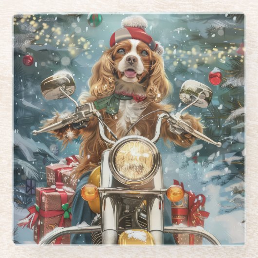 Cocker Spaniel Hond Rijden Motorfiets Kerstmis Glazen Onderzetter (Voorkant)