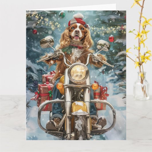 Cocker Spaniel Hond Rijden Motorfiets Kerstmis Kaart (Gele Bloem)