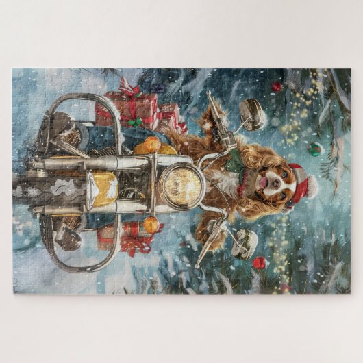 Cocker Spaniel Hond Rijden Motorfiets Kerstmis Legpuzzel (Horizontaal)