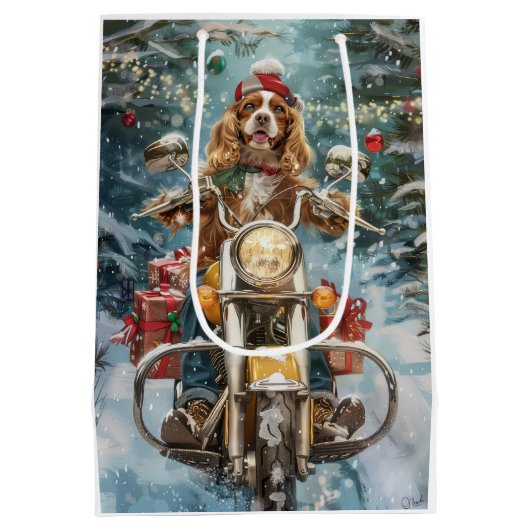 Cocker Spaniel Hond Rijden Motorfiets Kerstmis Medium Cadeauzakje (Achterkant)