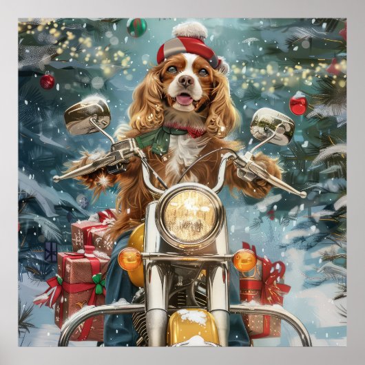Cocker Spaniel Hond Rijden Motorfiets Kerstmis Poster (Voorkant)