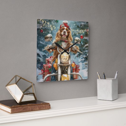 Cocker Spaniel Hond Rijden Motorfiets Kerstmis Vierkante Klok (Kantoor)