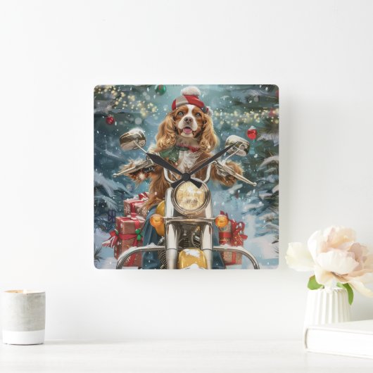 Cocker Spaniel Hond Rijden Motorfiets Kerstmis Vierkante Klok (Huis)