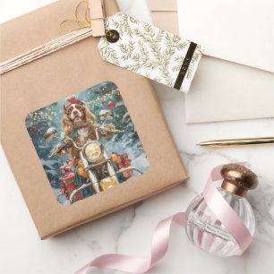 Cocker Spaniel Hond Rijden Motorfiets Kerstmis Vierkante Sticker