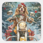 Cocker Spaniel Hond Rijden Motorfiets Kerstmis Vierkante Sticker (Voorkant)