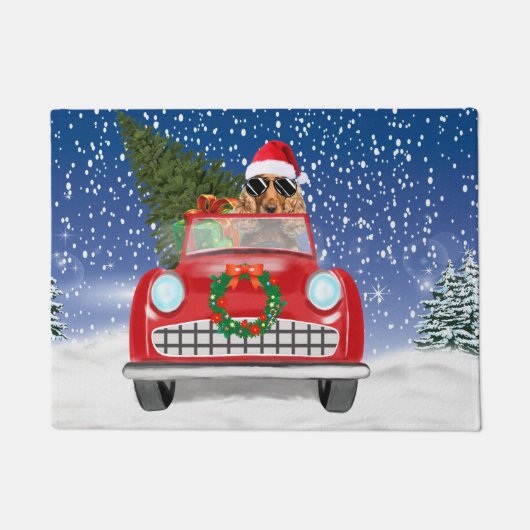Cocker Spaniel hond rijdt auto in sneeuw Kerstmis Deurmat (Voorkant)