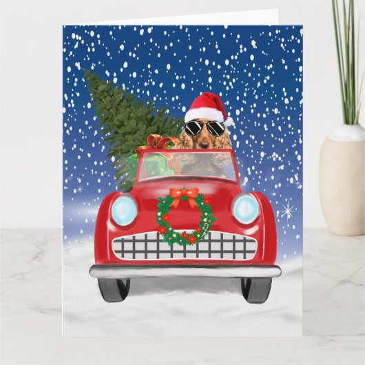 Cocker Spaniel hond rijdt auto in sneeuw Kerstmis Kaart (Voorkant)