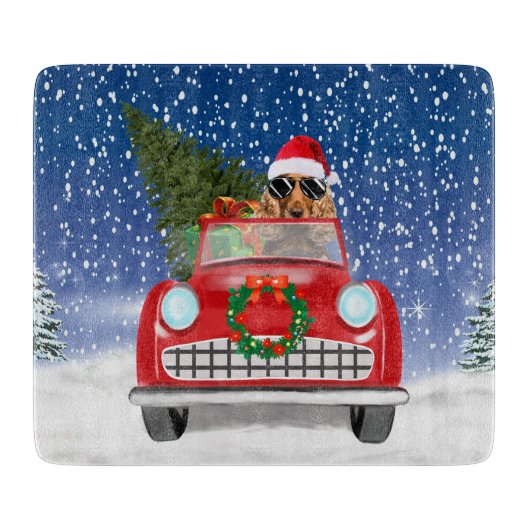 Cocker Spaniel hond rijdt auto in sneeuw Kerstmis Snijplank (Voorkant)