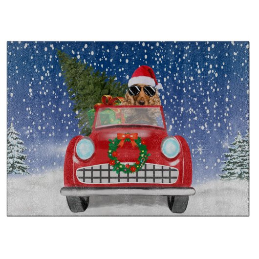 Cocker Spaniel hond rijdt auto in sneeuw Kerstmis Snijplank (Voorkant)