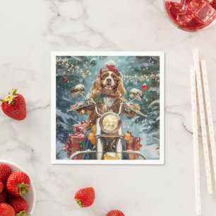 Cocker Spaniel-hond rijdt op motorfiets met Kerstm Servet