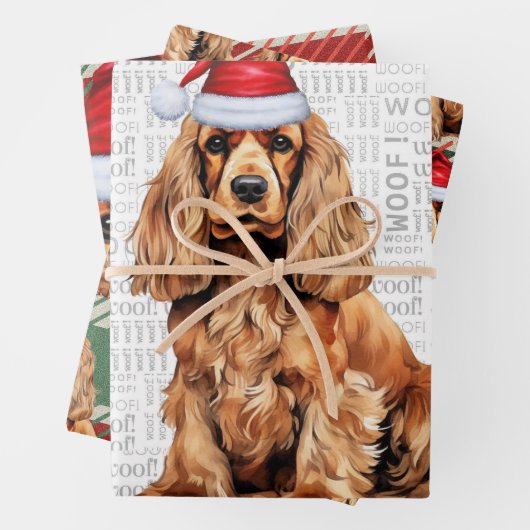 Cocker Spaniel Hond Rood en Groen Geplaagd Kerstmi Inpakpapier Vel (In situ)