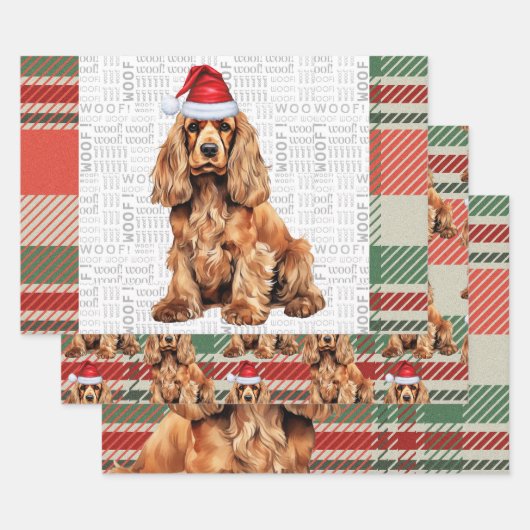 Cocker Spaniel Hond Rood en Groen Geplaagd Kerstmi Inpakpapier Vel (Set)