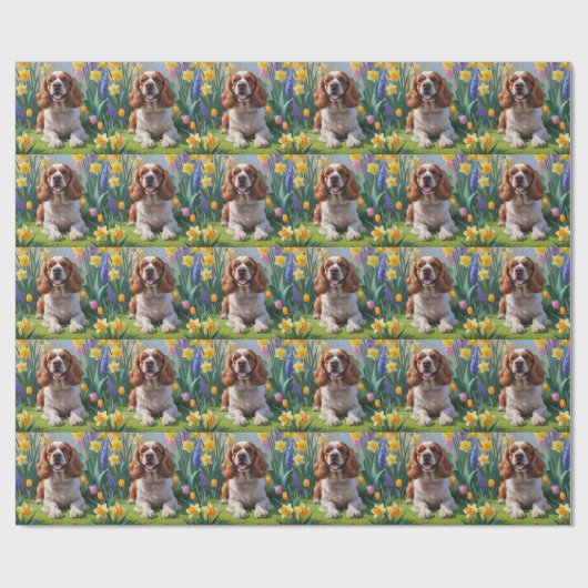 Cocker Spaniel Hond Spring Bloemen Schilderen Cadeaupapier (Vlak)
