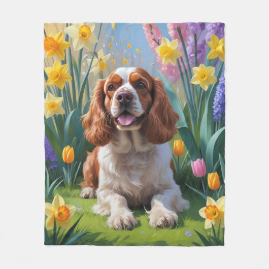Cocker Spaniel Hond Spring Bloemen Schilderen Fleece Deken (Voorkant)