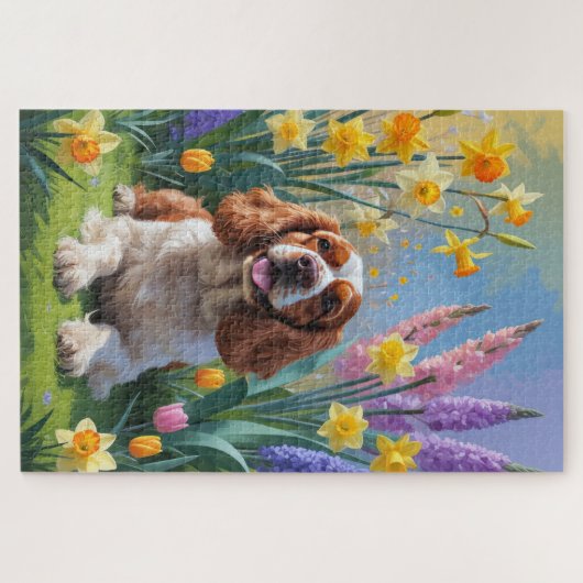Cocker Spaniel Hond Spring Bloemen Schilderen Legpuzzel (Horizontaal)