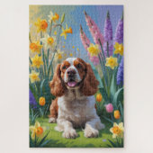 Cocker Spaniel Hond Spring Bloemen Schilderen Legpuzzel (Verticaal)