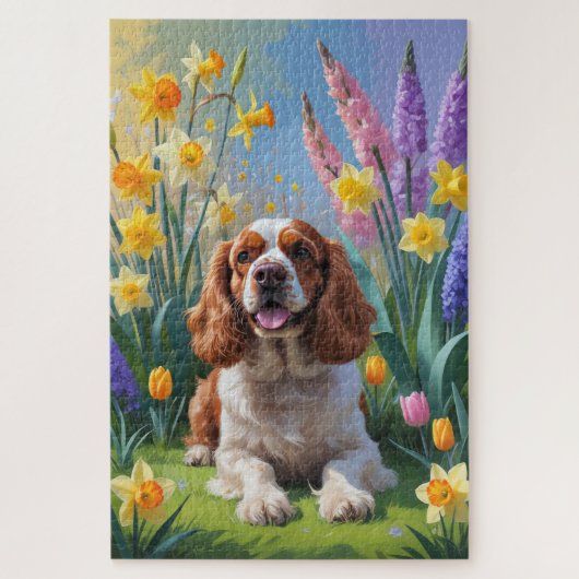 Cocker Spaniel Hond Spring Bloemen Schilderen Legpuzzel (Verticaal)