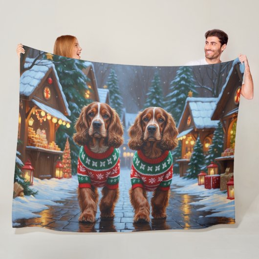 Cocker Spaniel Honden Kerst Sneeuw Vakantie Fleece Deken (In situ)