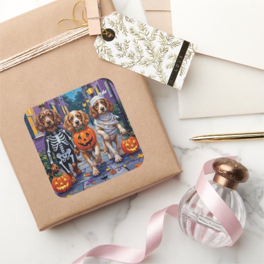 Cocker Spaniel Honden Trick-or-Treating met Hallow Vierkante Sticker (Geschenken)