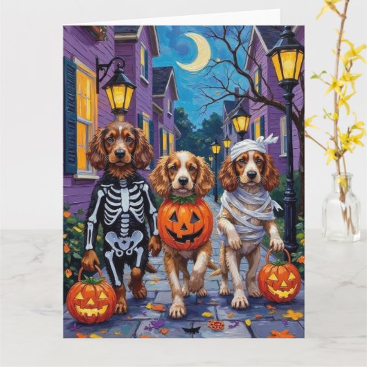 Cocker Spaniel Honden Trick-or-Treating op Hallowe Kaart (Gele Bloem)
