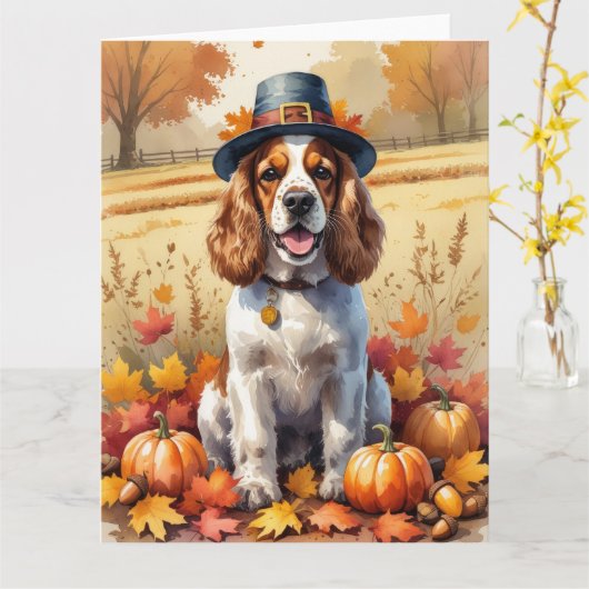 Cocker Spaniel in herfstbladeren Thanksgiving Kuns Kaart (Gele Bloem)