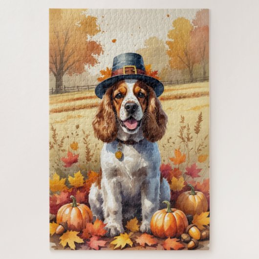 Cocker Spaniel in herfstbladeren Thanksgiving Kuns Legpuzzel (Verticaal)