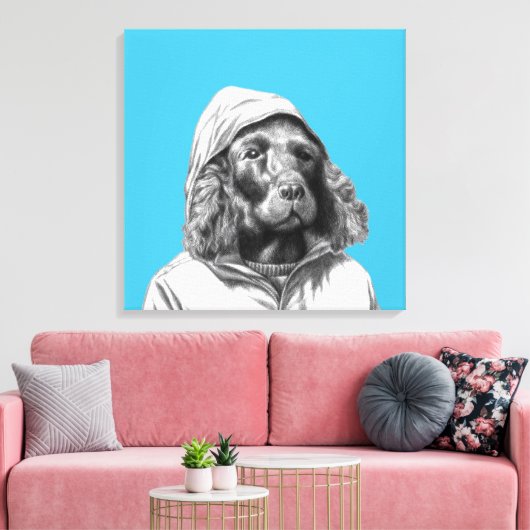 Cocker Spaniel in regenjas (Old-School Blue) Canvas Afdruk (Insitu (Woonkamer))