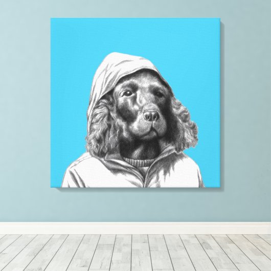 Cocker Spaniel in regenjas (Old-School Blue) Canvas Afdruk (Insitu (Houten vloer))