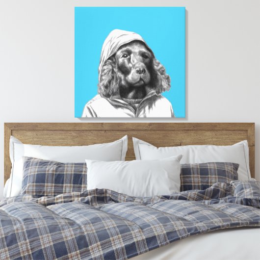 Cocker Spaniel in regenjas (Old-School Blue) Canvas Afdruk (Insitu (Slaapkamer))