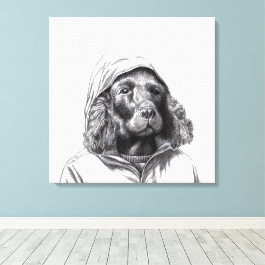 Cocker Spaniel in regenjas (sneeuw) Canvas Afdruk (Insitu (Houten vloer))