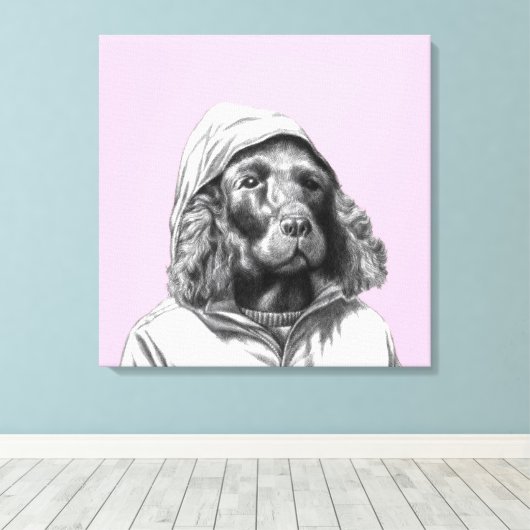 Cocker Spaniel in regenjas (Ume) Canvas Afdruk (Insitu (Houten vloer))
