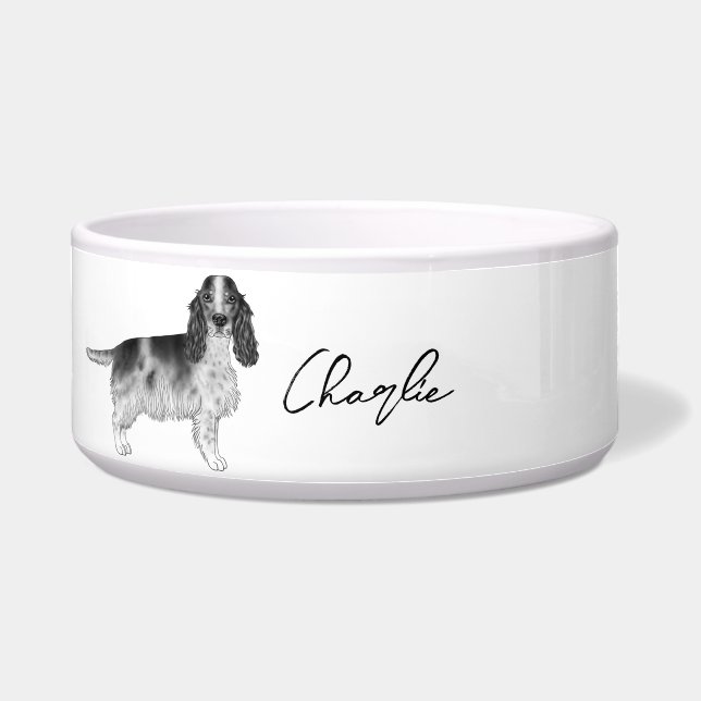 Cocker Spaniel in zwart en wit & aangepaste naam Voerbakje (Voorkant)