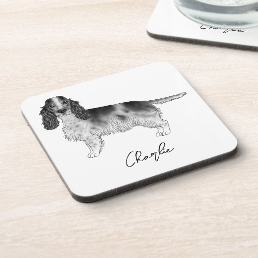 Cocker Spaniel in zwart en wit & aangepaste tekst Bier Onderzetter (Linkerzijde)
