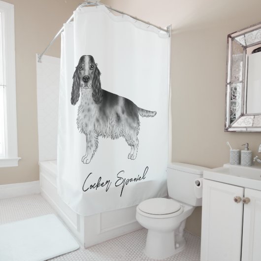 Cocker Spaniel in zwart en wit & aangepaste tekst Douchegordijn (In situ)