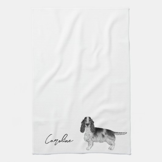 Cocker Spaniel in zwart en wit & aangepaste tekst Theedoek (Verticaal)