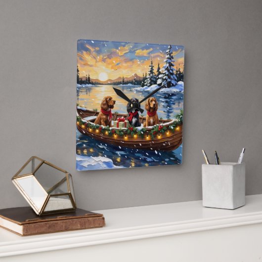 Cocker Spaniel Kerstboot Vakantie Vierkante Klok (Kantoor)