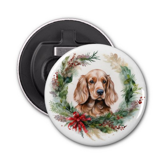 Cocker Spaniel Kerstkrans Feestelijke Pup Button Flesopener (Voorkant)
