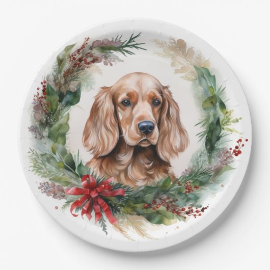 Cocker Spaniel Kerstkrans Feestelijke Pup Papieren Bordje (Voorkant)