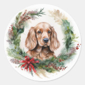 Cocker Spaniel Kerstkrans Feestelijke Pup Ronde Sticker (Voorkant)