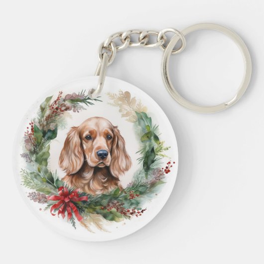 Cocker Spaniel Kerstkrans Feestelijke Pup Sleutelhanger (Achterkant)