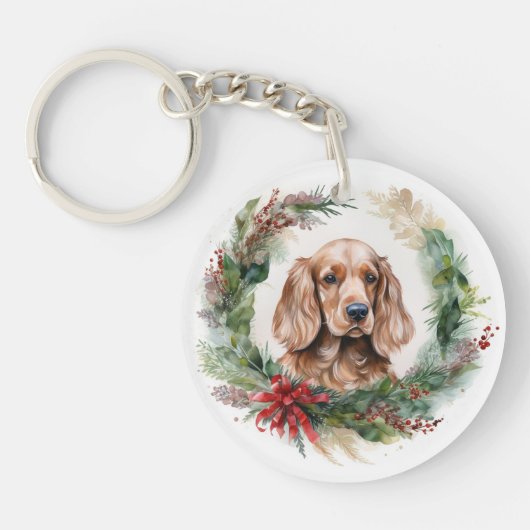 Cocker Spaniel Kerstkrans Feestelijke Pup Sleutelhanger (Voorkant)