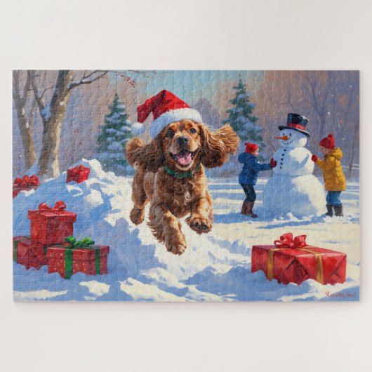 Cocker Spaniel loopt in de sneeuw met kerst Pet Legpuzzel (Horizontaal)