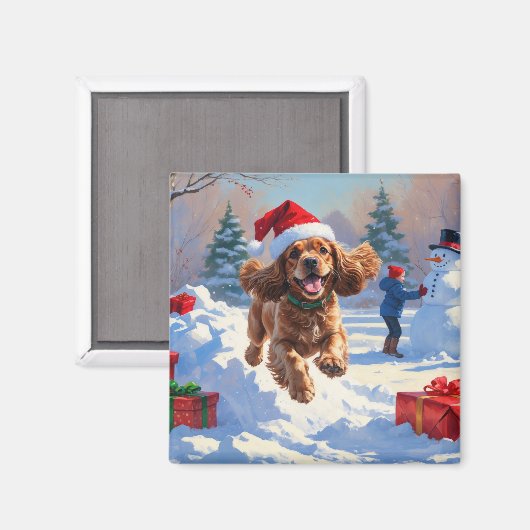 Cocker Spaniel loopt in de sneeuw met kerst Pet Magneet (Voorkant / Achterkant)