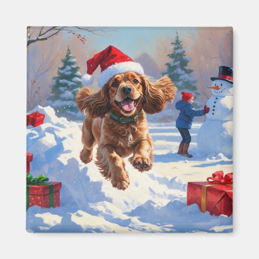 Cocker Spaniel loopt in de sneeuw met kerst Pet Magneet (Voorkant)